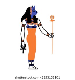 Cartoon Color Character Egyptian God Bastet Egypt Myth Concept Flat Design Style. Vector illustration of Ancient Mythology Personage or Sculpture