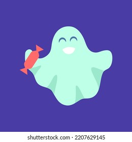 Cartoon Color Character Funny Happy Ghost with Red Chocolate Candy Halloween Concept Flat Design Style. Vector illustration
