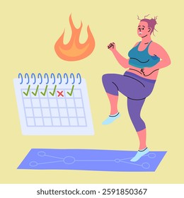 Cartoon Color Character Girl and Cardio Workout Fitness and Training Concept Flat Design Style. Vector illustration