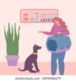 Cartoon Color Character Girl with Dog and Carrier Concept Flat Design Style. Vector illustration of Cute Puppy