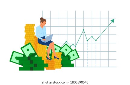 Cartoon Color Character Girl Financial Consultant Concept Flat Design Style Include of Money and Growth Chart. Vector illustration