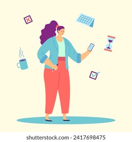 Cartoon Color Character Girl and Floating Objects Around Concept Flat Design Style. Vector illustration