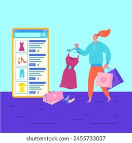 Cartoon Color Character Girl and Mobile Phone Online Shopping Application Flat Design Style. Vector illustration of Young Woman Buy