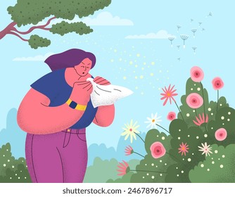 Cartoon Color Character Girl Sneezes into a Handkerchief Allergy Season Concept Flat Design Style. Vector illustration