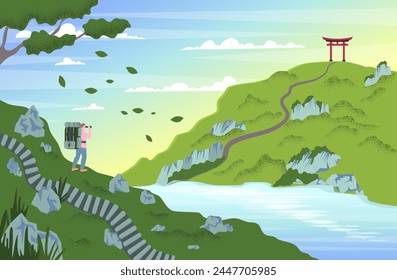 Cartoon Color Character Man and Adventure Hiking Trekking Landscape Scene Concept Flat Design Style. Vector illustration