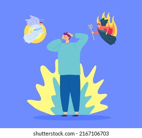 Cartoon Color Character Man and Choice Angel or Demon Decision Concept Flat Design Style. Vector illustration