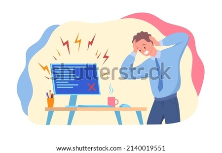 Cartoon Color Character Man and Computer Tech Error in Office Concept Flat Design Style. Vector illustration