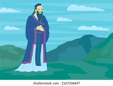 Cartoon Color Character Man Confucius East Asian Philosopher Concept on a Chinese Traditional Landscape Scene Flat Design Style. Vector illustration