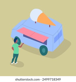 Cartoon Color Character Man and Ice Cream Street Food Caravan Trailer Concept Flat Design Style. Vector illustration