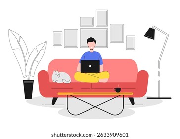 Cartoon Color Character Man with Laptop Home Resting Concept Flat Design Style and Line Elements. Vector illustration