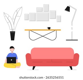 Cartoon Color Character Man with Laptop Home Elements Set Concept Flat Design Style and Line Elements. Vector illustration of Resting or Freelance