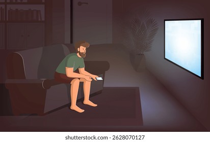 Cartoon Color Character Man Sitting on Sofa and Watching TV Concept Flat Design Style. Vector illustration
