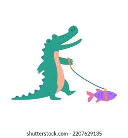 Cartoon Color Character Mascot Cute Crocodile Walking with Violet Fish Toy Flat Design Style . Vector illustration