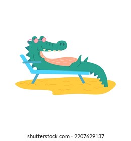 Cartoon Color Character Mascot Cute Crocodile Relaxing in a Sun Lounger on Beach Flat Design Style . Vector illustration