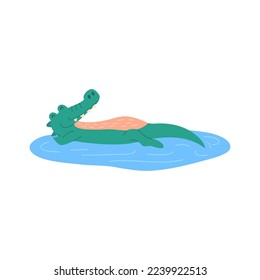 Cartoon Color Character Mascot Cute Crocodile Lying in Blue Water Flat Design Style. Vector illustration of Alligator