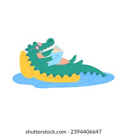 Cartoon Color Character Mascot Cute Crocodile Reading a Book on Beach Flat Design Style . Vector illustration