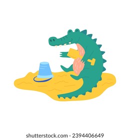 Cartoon Color Character Mascot Cute Crocodile with Bucket and Spatula on Beach Flat Design Style . Vector illustration