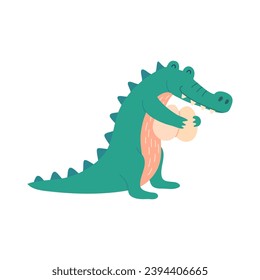Cartoon Color Character Mascot Cute Crocodile with Soft Toys on Beach Flat Design Style . Vector illustration
