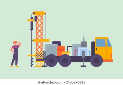 Cartoon Color Character Men Watching Well Drilling Machine Equipment for High-Mining Industry Concept Flat Design Style. Vector illustration