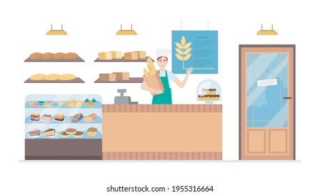 Cartoon Color Character People Man and Bakery Interior Concept. Vector