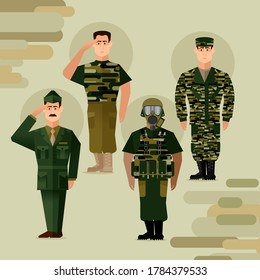 Cartoon Color Character Person Army Soldiers Concept Flat Design Style. Vector illustration of Soldier and Officer