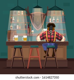 Cartoon Color Character Person and Beer Bar Interior Inside Concept Flat Design Include of Alcohol Bottle and Chair. Vector illustration