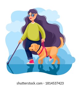Cartoon Color Character Person Blind Girl and Guide Dog Concept Flat Design Style. Vector illustration of Pet Companion