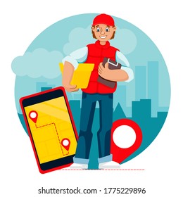 Cartoon Color Character Person Delivery Guy Concept Flat Design Style Include of Box and Smartphone. Vector illustration of Courier