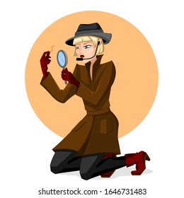 Cartoon Color Character Person Detective Woman with Hat and Magnifier Police Agent Concept Flat Design. Vector illustration