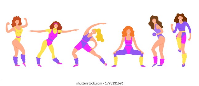 Cartoon Color Character Person Eighties Girl Aerobics Set Concept Flat Design Style. Vector illustration of Aerobic Workout