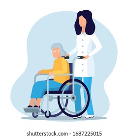 Cartoon Color Character Person Female Nurse and Grandmother in Wheelchair Rehabilitation Concept Flat Design. Vector illustration