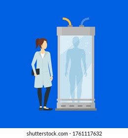 Cartoon Color Character Person Female Artificial Intelligence Scientist Concept Flat Design Style. Vector illustration of Girl