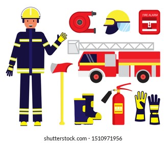 Cartoon Color Character Person Fireman and Equipment Set Concept Flat Design Include of Hose, Helmet, Extinguisher and Axe. Vector illustration