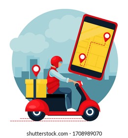 Cartoon Color Character Person and Food delivery App Concept Flat Design Style Include of Smartphone and Motorbike. Vector illustration