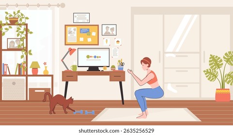 Cartoon Color Character Person Girl and Sport Exercise in Home Interior Inside Concept. Vector illustration of Training Woman