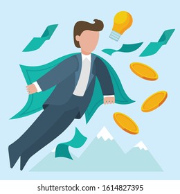 Cartoon Color Character Person and Idea Generation Concept Flat Design Include of Money, Coin and Fly Man. Vector illustration
