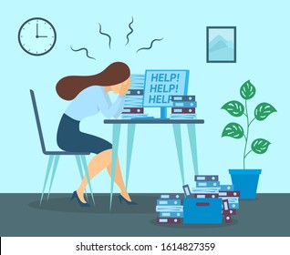 Cartoon Color Character Person and Job Burnout Concept Flat Design Include of Employee, Workplace, Computer and Paperwork. Vector illustration