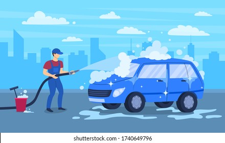 Cartoon Color Character Person Male Washing Car Concept Flat Design Style Clean Auto Service. Vector illustration