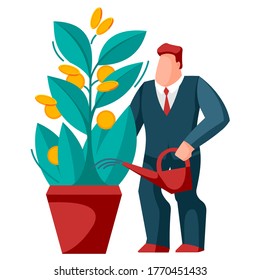 Cartoon Color Character Person Male Money Tree Business Investment Profit Concept Flat Design Style. Vector illustration