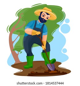 Cartoon Color Character Person Male and Agricultural Workers Concept Flat Design Style Include of Shovel and Man. Vector illustration