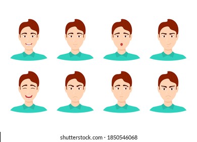 Cartoon Color Character Person Male and Mans Emotions Concept Flat Design Style Include of Happy and Angry. Vector illustration