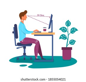 Cartoon Color Character Person Male and Correct Position to Sit at Table Concept Flat Design Style. Vector illustration