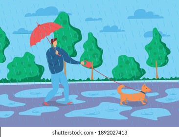 Cartoon Color Character Person Male Walking with Dog Under Umbrella Concept Flat Design Style. Vector illustration