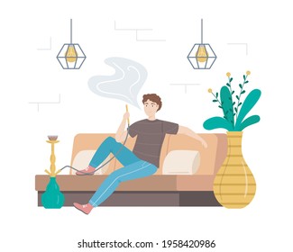 Cartoon Color Character Person Male Smoking in Hookah Bar Concept Flat Design Style. Vector illustration of Man Smoke Shisha