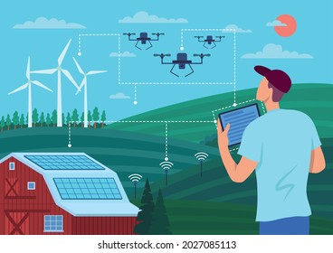 Personaje de color de caricatura: Drone de concepto de agricultura masculina e inteligente, paneles solares y sistema inalámbrico de control de molinos de viento. Ilustración del vector