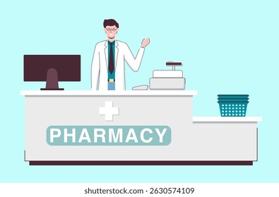 Cartoon Color Character Person Male Pharmacist Checkout Drugstore or Pharmacy Concept Flat Design Style. Vector illustration of Druggist