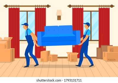 Cartoon Color Character Person Man Workers Carrying Sofa Delivery or Relocation Concept Flat Design Style . Vector illustration