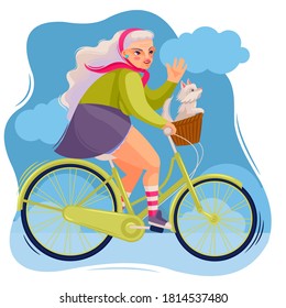 Cartoon Color Character Person Old Woman Riding Bicycle Healthy Lifestyle Concept Flat Design Style . Vector illustration