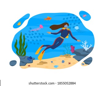 Cartoon Color Character Person Woman and Scuba Diving Snorkeling Activity Concept Flat Design Style. Vector illustration