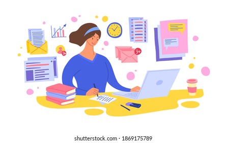 Cartoon Color Character Person Woman and Content Manager Female Multitasking Concept Flat Design Style. Vector illustration